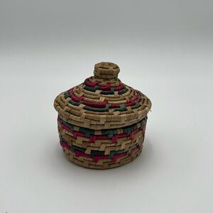 Artisan Woven Basket with Lid - Natural, Pink, and Green